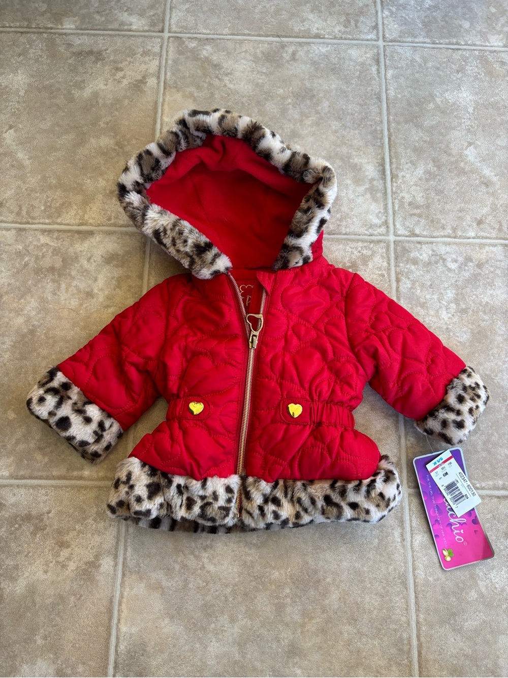 Pistachio Y2K Bright Red Quilted Baby Jacket with Faux Fur Trim